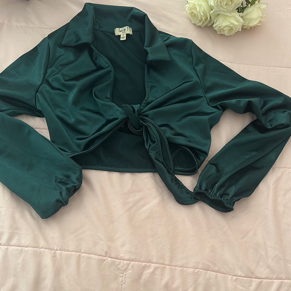 Elegant Green Satin Tie-Front Top